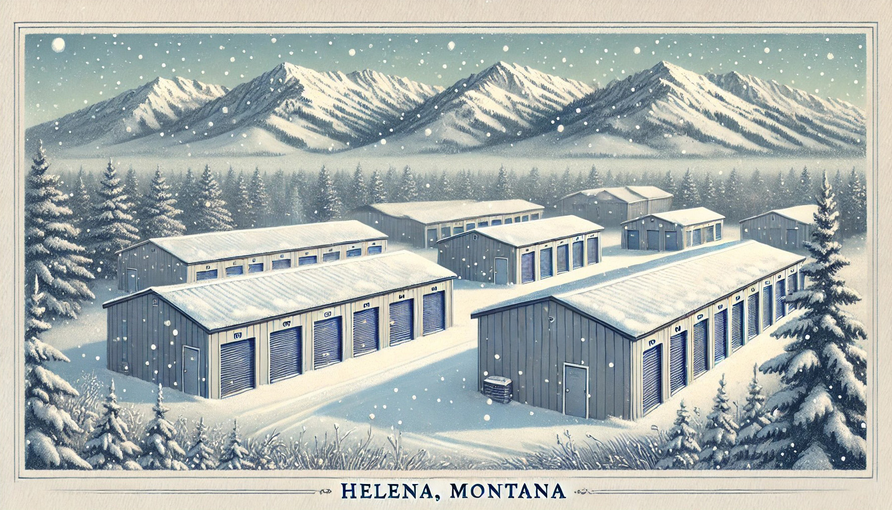 A serene winter scene at a storage facility in Helena, Montana. Single-story gray storage units are surrounded by snow, with snow-capped mountains and pine trees in the background. The peaceful atmosphere highlights the tranquility of the season.